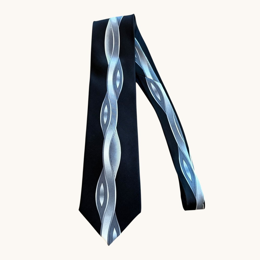 Falentino Ferre Mens Black Silver Abstract‎ Swirl Silk Tie Handmade Italy